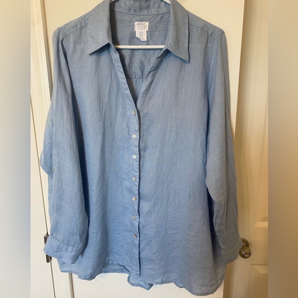 Sigrid Olsen 100% linen button up tunic top shirt Size 1X baby blue